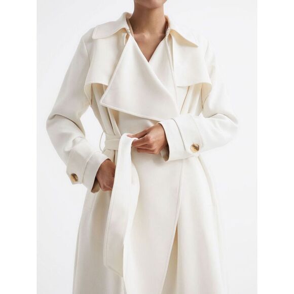 Reiss Women's Off-White Eden Oversized Frill-Lapel Woven Trench Coat Size 8 NWOT - Picture 1 of 12